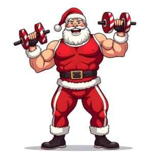 Santa in Gym Gear with Dumbbells - PNG File format